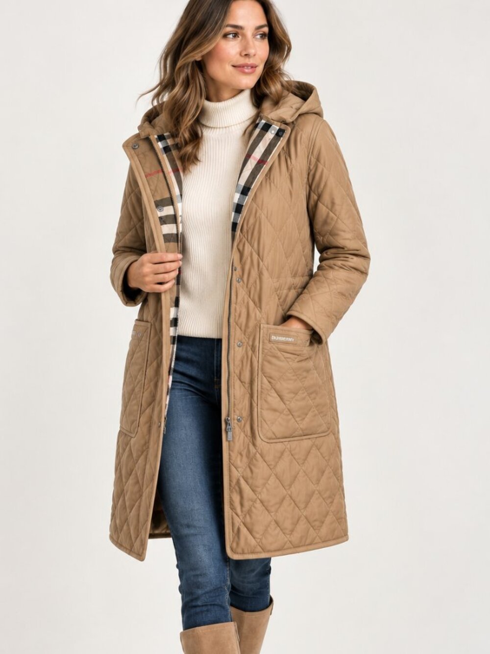 Burberry ReBurberry Parkgate Quilted Long Hooded Coat in Camel, size L — NEW WIT